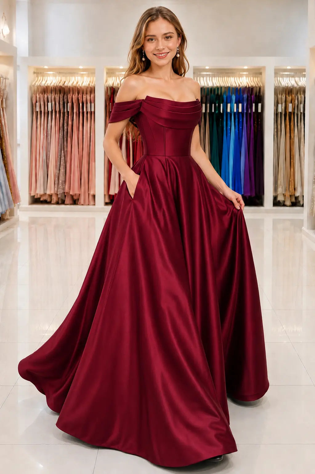 A-Line Satin Long Prom Dress. Simple Off the Shoulder Evening Party Dress With Pockets