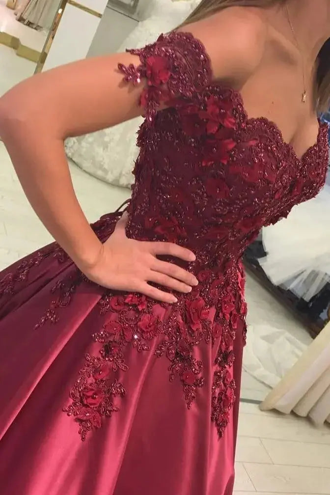 Appliquéd Off-the-Shoulder Satin Princess Prom Dress with Beads