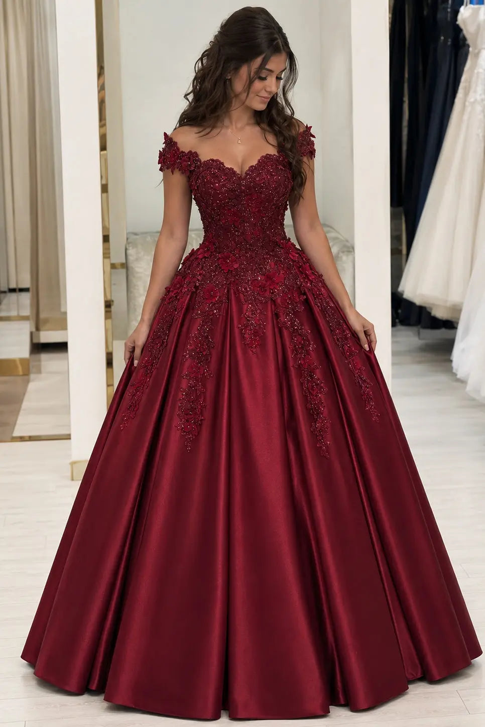 Appliquéd Off-the-Shoulder Satin Princess Prom Dress with Beads