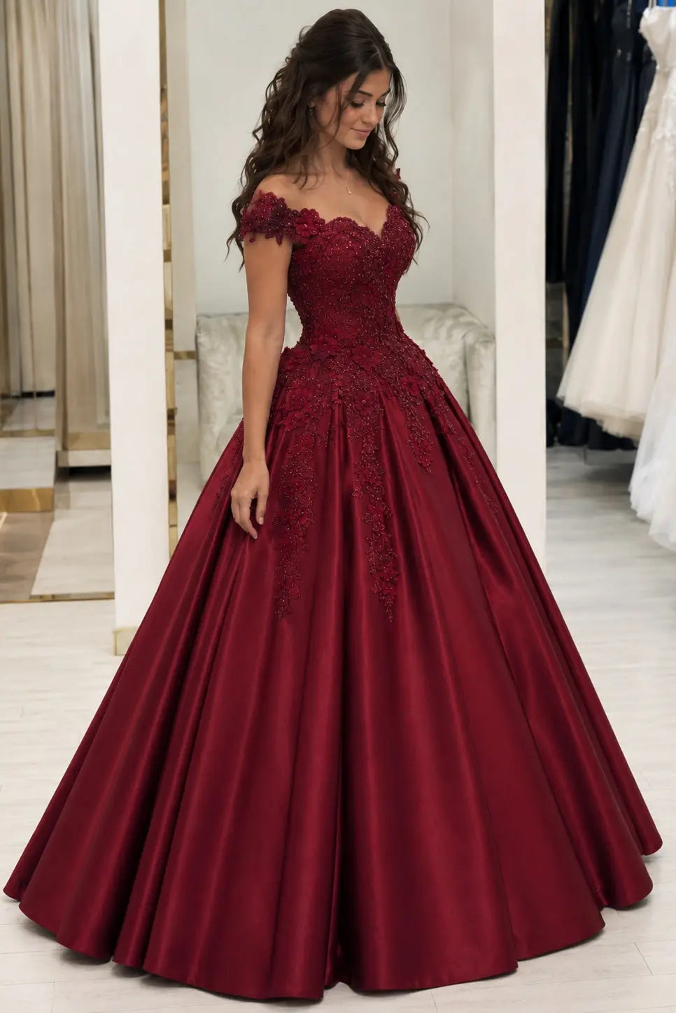 Appliquéd Off-the-Shoulder Satin Princess Prom Dress with Beads