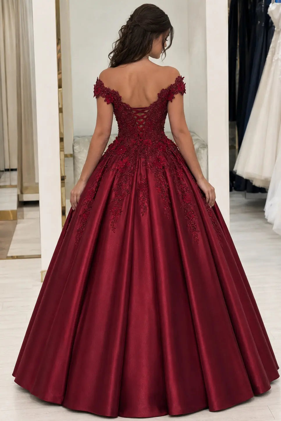 Appliquéd Off-the-Shoulder Satin Princess Prom Dress with Beads