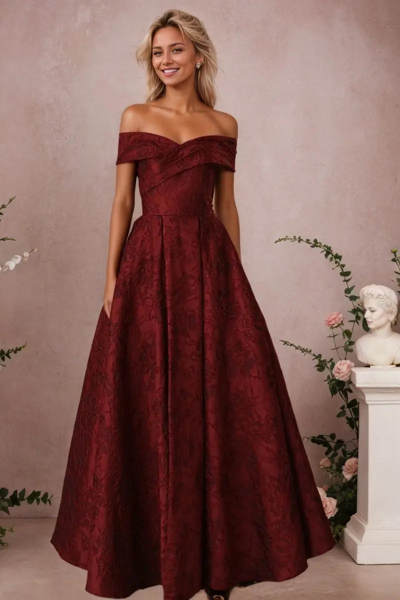 A-Line Off Shoulder Satin Burgundy Long Prom Dress Floral Jacquard Formal Ball Gowns