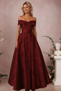 A-Line Off Shoulder Satin Burgundy Long Prom Dress Floral Jacquard Formal Ball Gowns