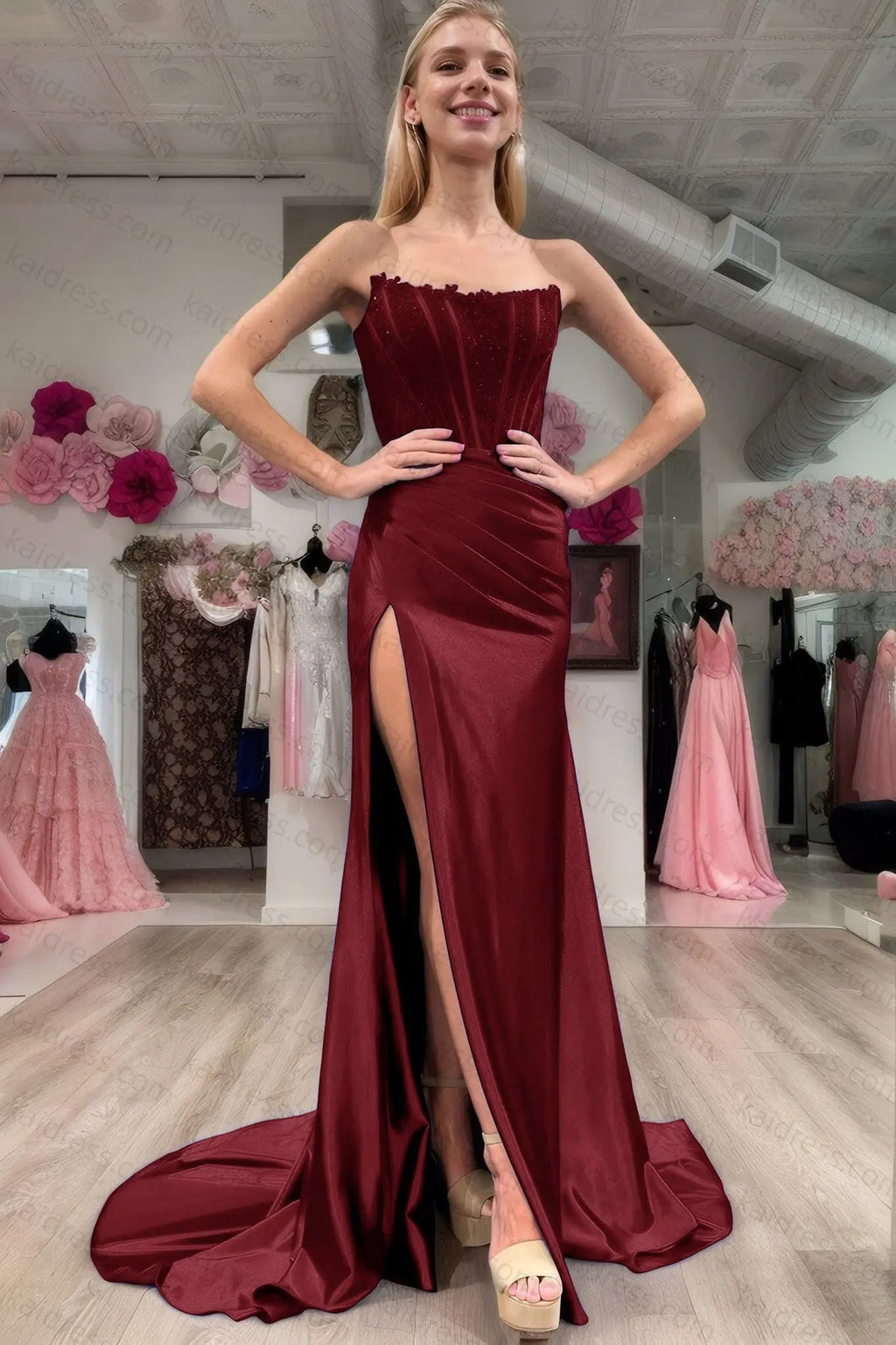 Sheath/Column Elastic Woven Satin Ruched Off-the-Shoulder Sleeveless Sweep/Brush Train Prom Dresses