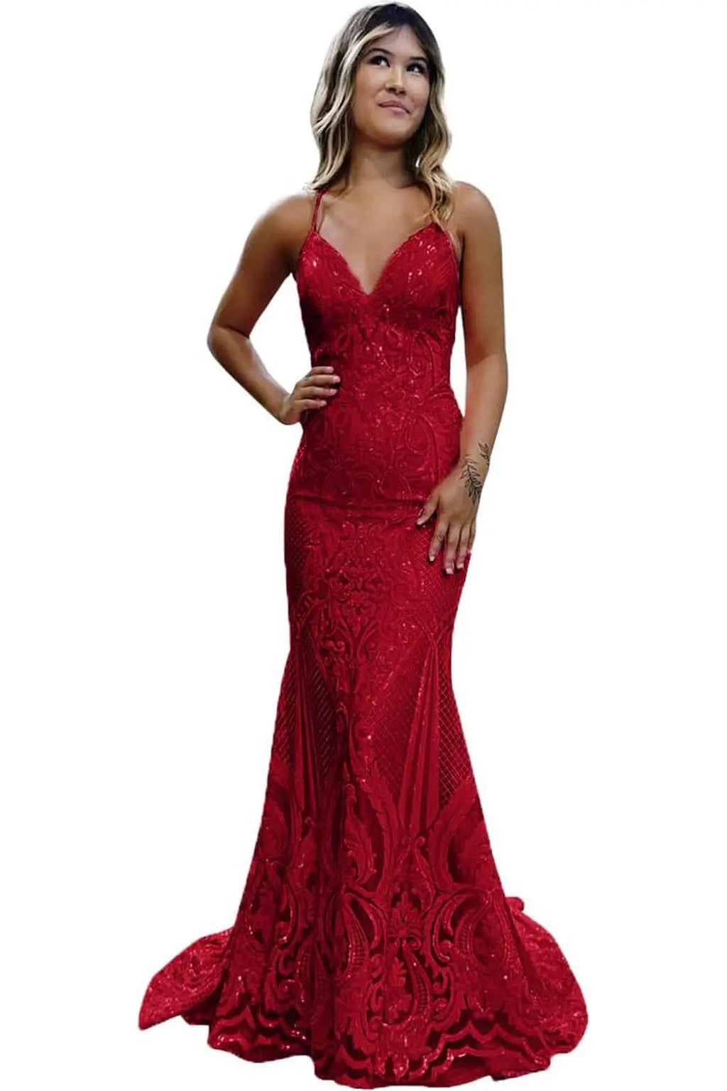 Trumpet/Mermaid V Neck Sleeveless Sweep Train Allover Sparkly Sequined Lace Prom Dress