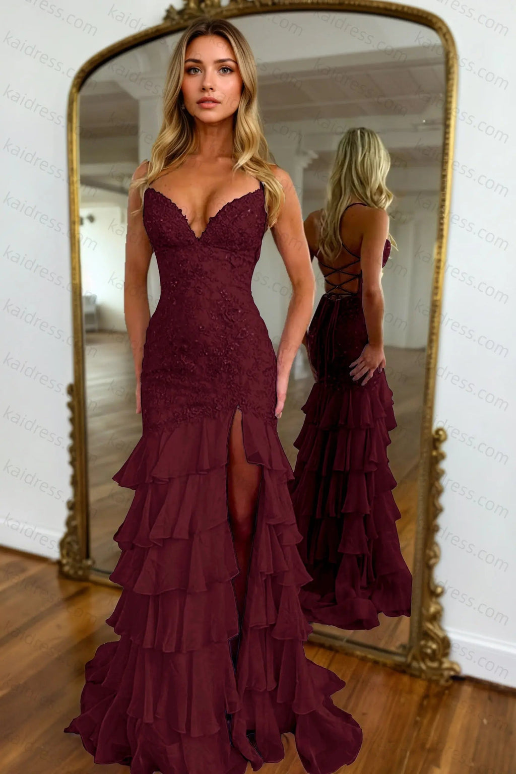Mermaid Sparkly Lilac Lace Appliques Sheath Tiered Long Chiffon Prom Dress with Slit