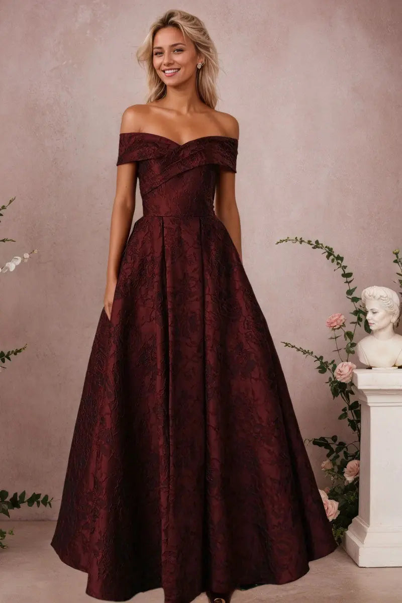 A-Line Off Shoulder Satin Burgundy Long Prom Dress Floral Jacquard Formal Ball Gowns