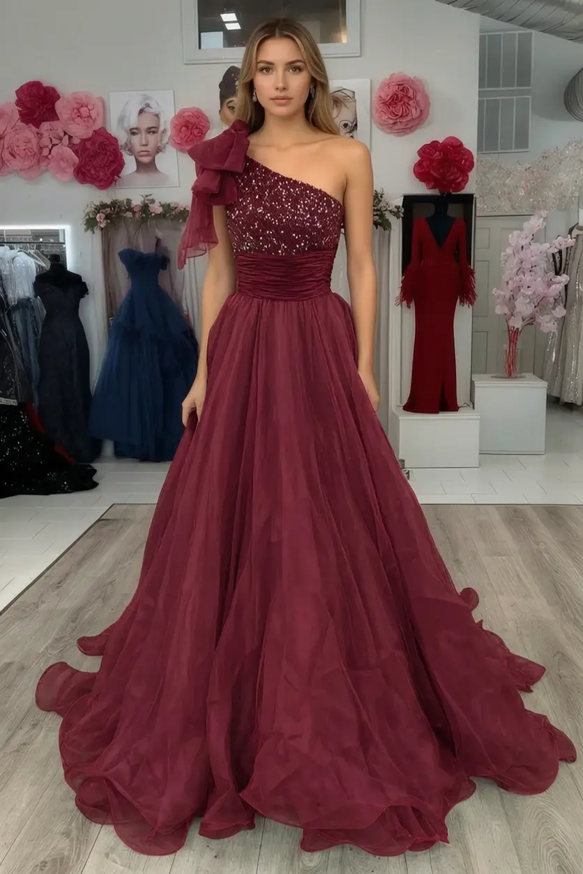 A Line Sparkly Sky Blue One Shoulder Long Prom Dress with Beading