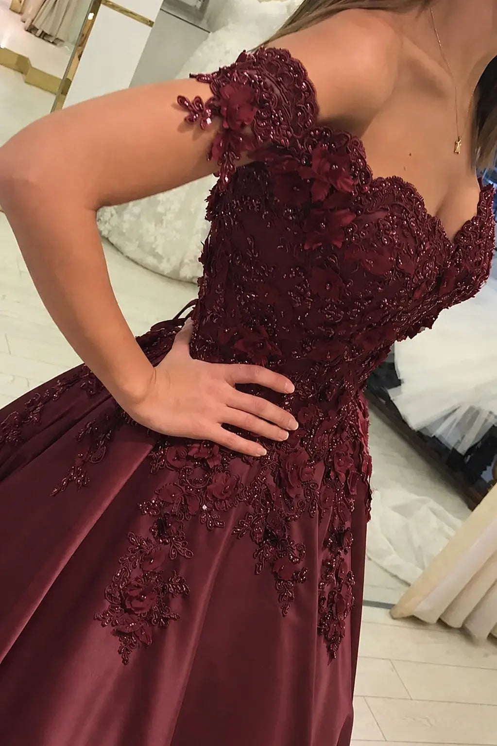 Appliquéd Off-the-Shoulder Satin Princess Prom Dress with Beads