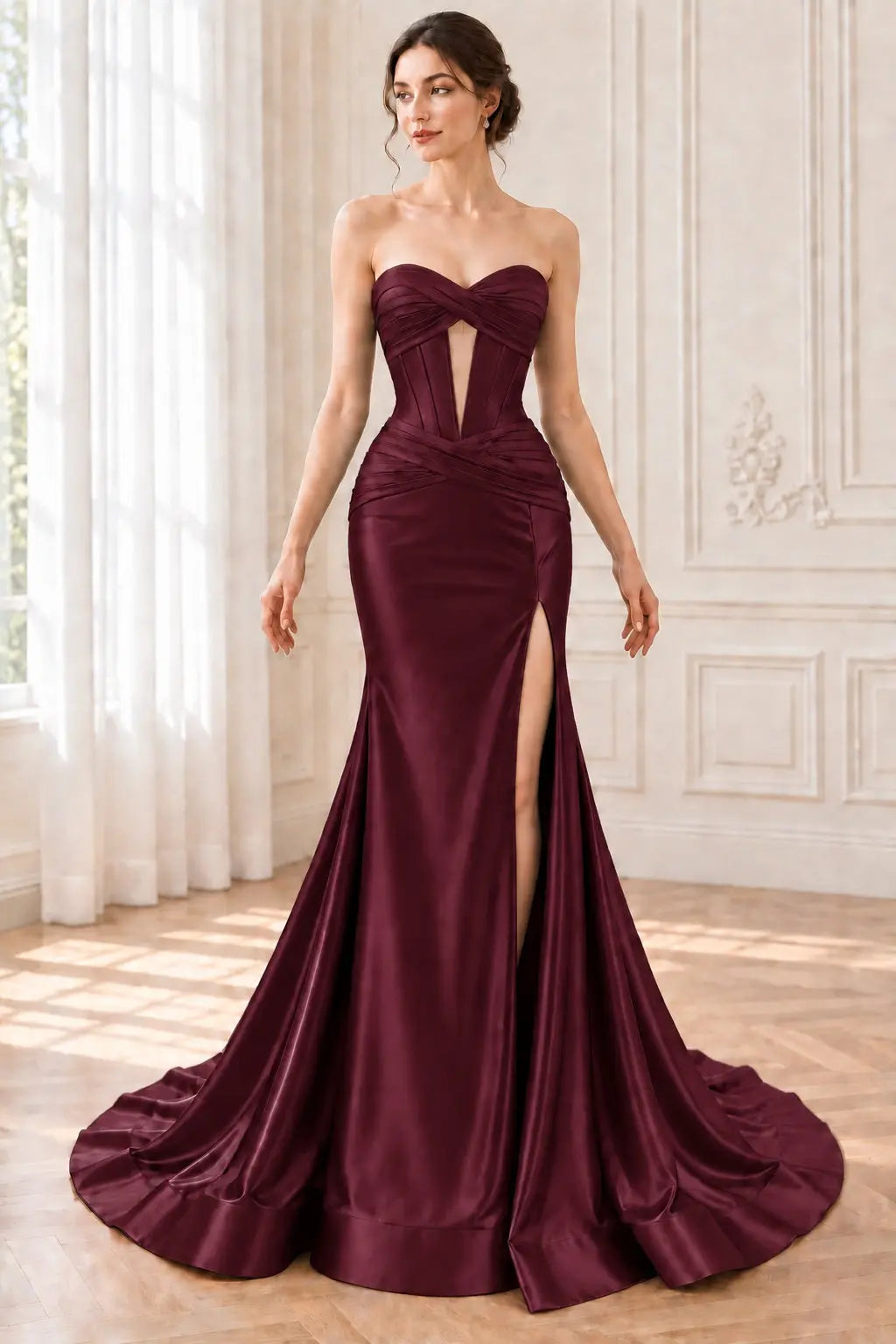 Green Silk Strapless Mermaid Prom Dresses Long Formal Evening Gown with Slit