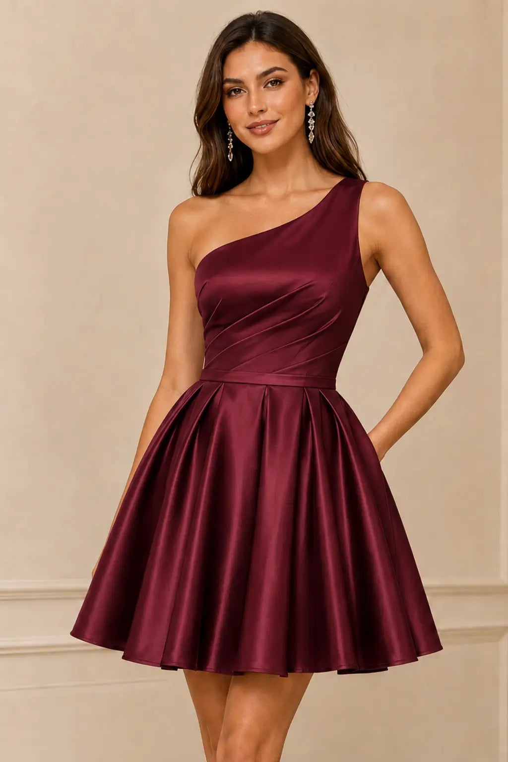 Green One Shoulder Satin Mini A Line Homecoming Dress With Pockets