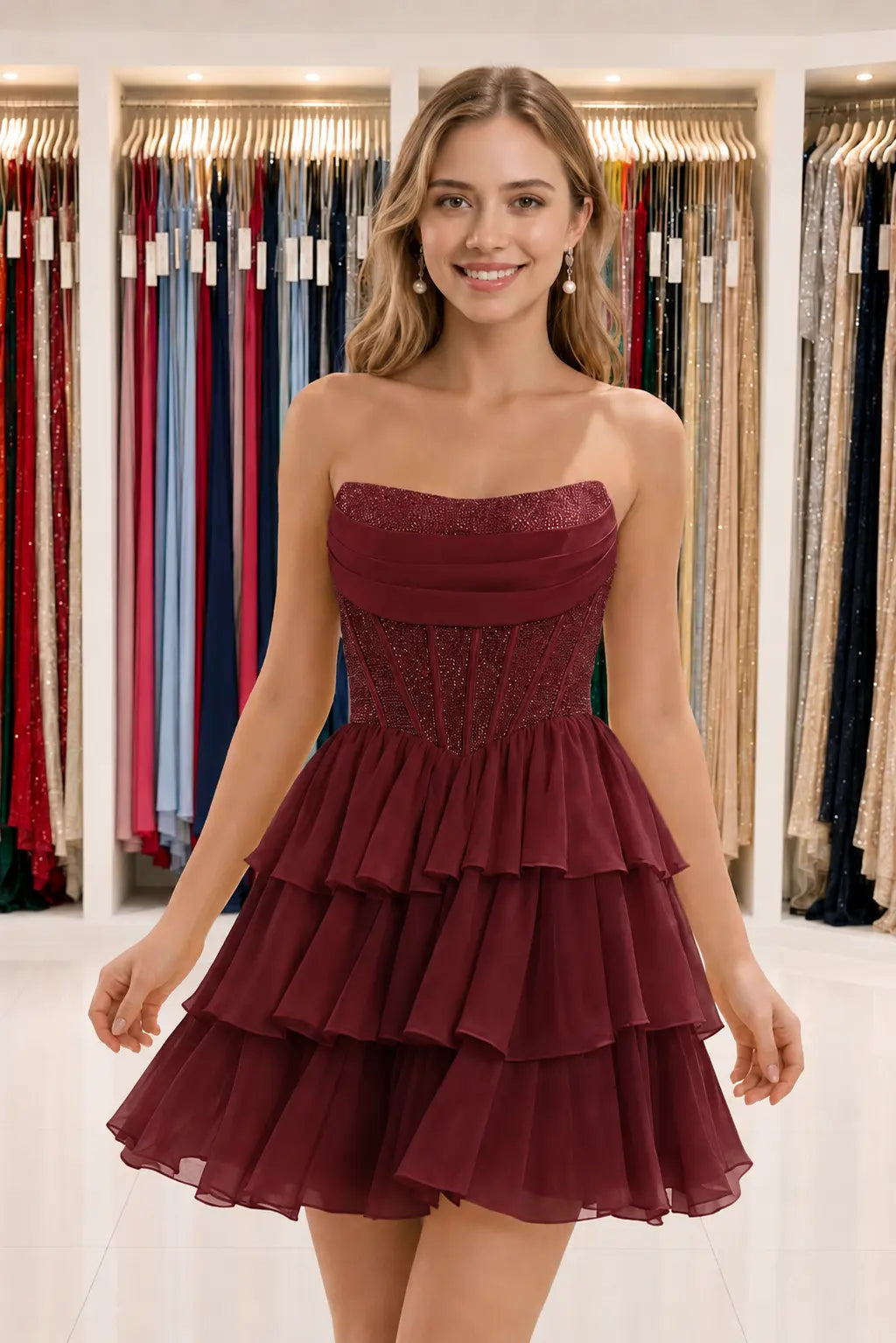 Daffodil Strapless Corset Tiered Ruffle Mini Homecoming Dress With Beading
