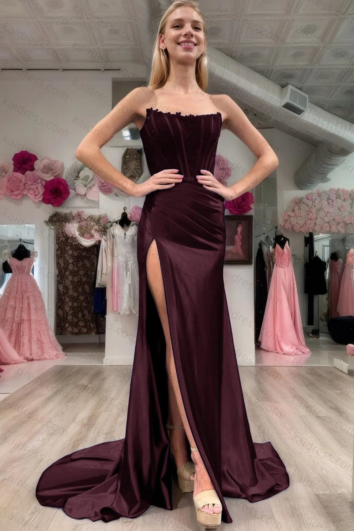 Sheath/Column Elastic Woven Satin Ruched Off-the-Shoulder Sleeveless Sweep/Brush Train Prom Dresses
