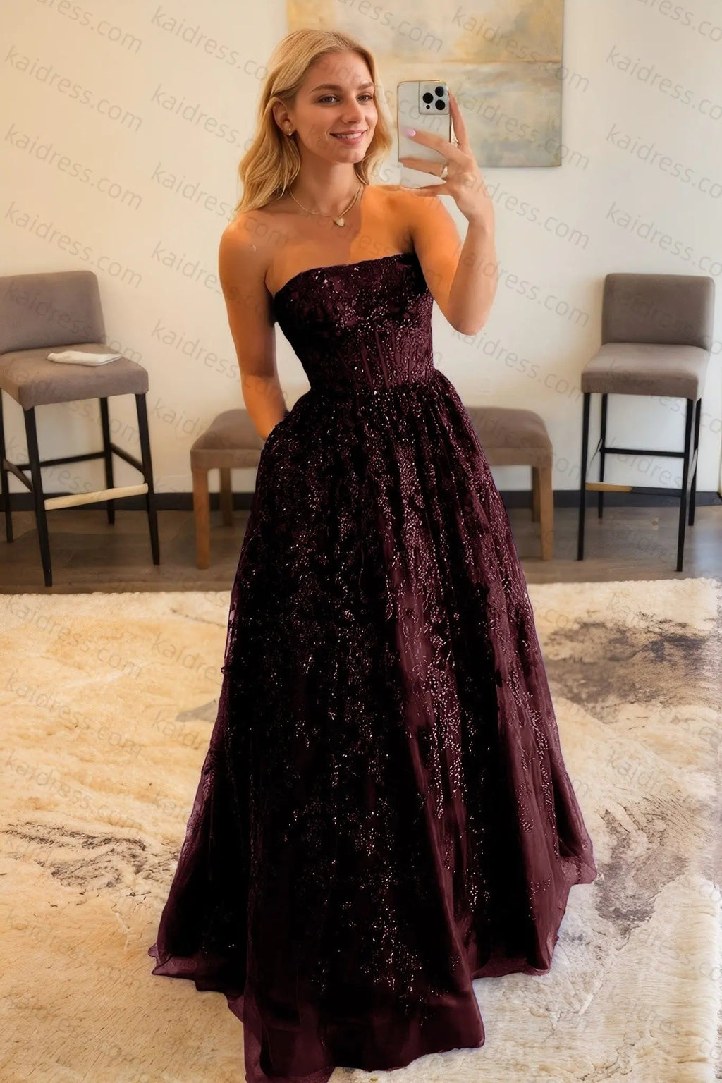 A-line Bateau Strapless Long/Floor-Length Lace Prom Dresses With Pockets Special Occasion Dresses