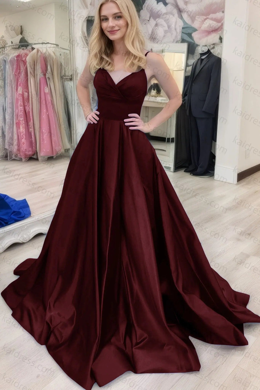 A-line V Neck Sleeveless Court Train Satin Prom Dresses With Bowknot Pleated Waistband