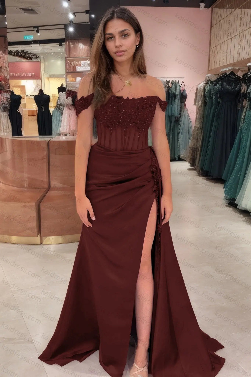 Sheath/Column Off the Shoulder Satin Beaded Prom Dress Burgundy With Appliques Prom Gown