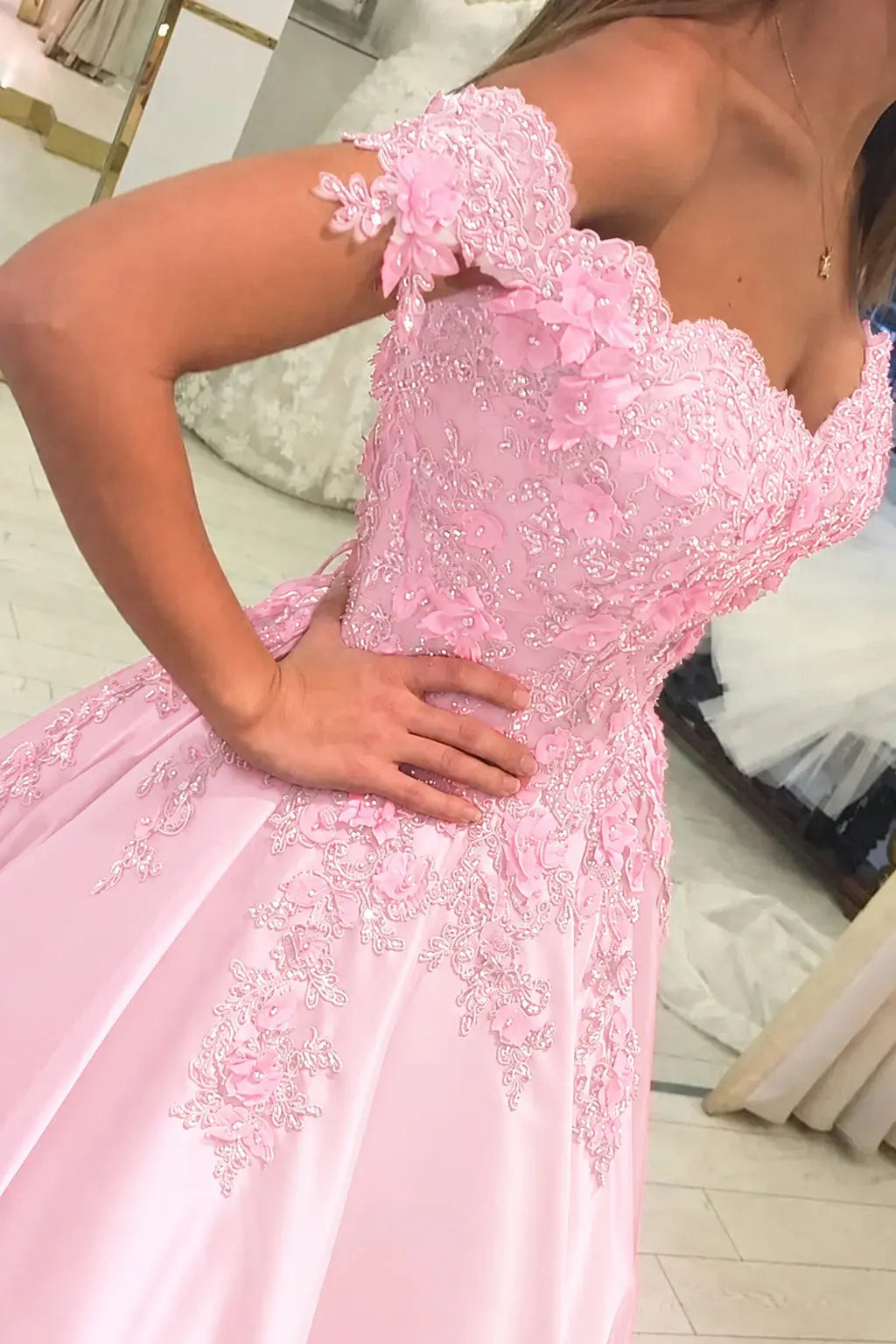 Appliquéd Off-the-Shoulder Satin Princess Prom Dress with Beads