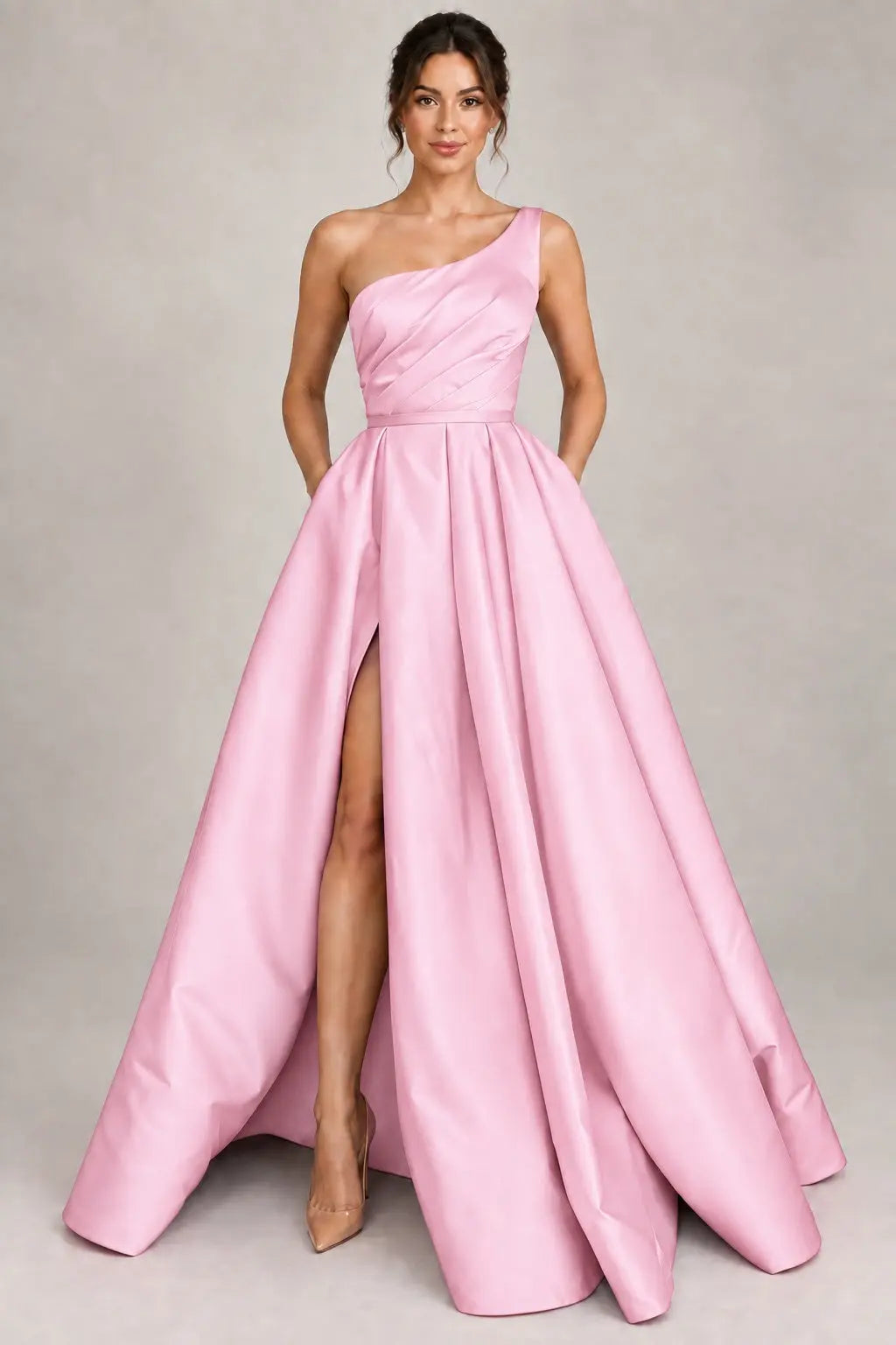 A-line Sleeveless One-Shoulder Long/Floor-Length Satin Prom Dress With Split Ruffles Pockets