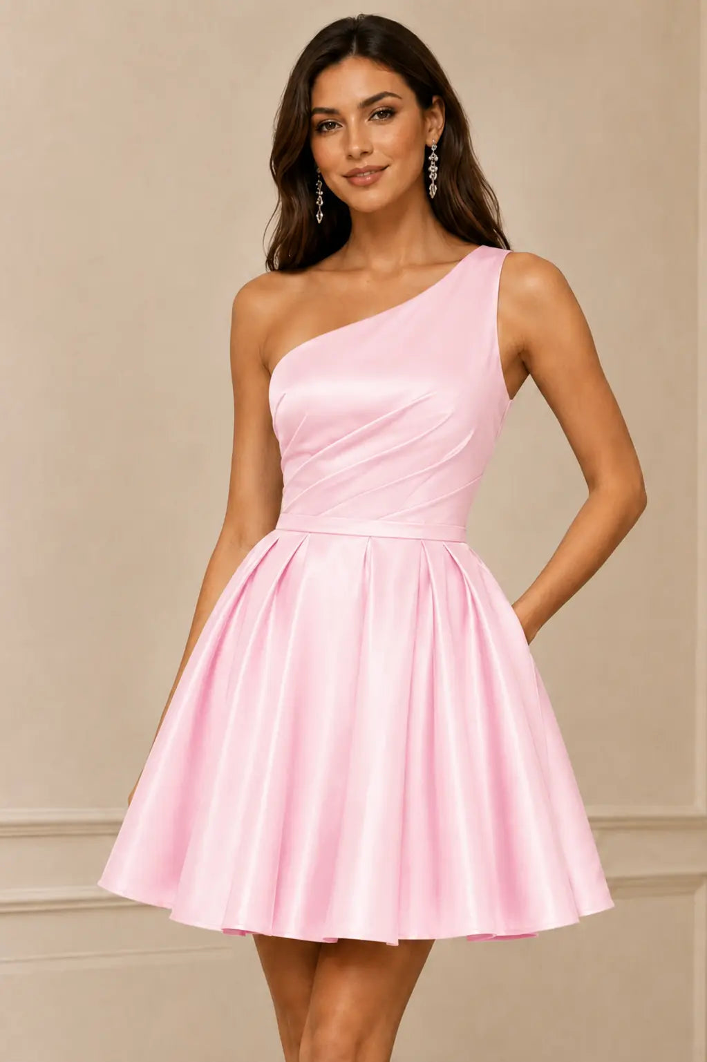 Green One Shoulder Satin Mini A Line Homecoming Dress With Pockets