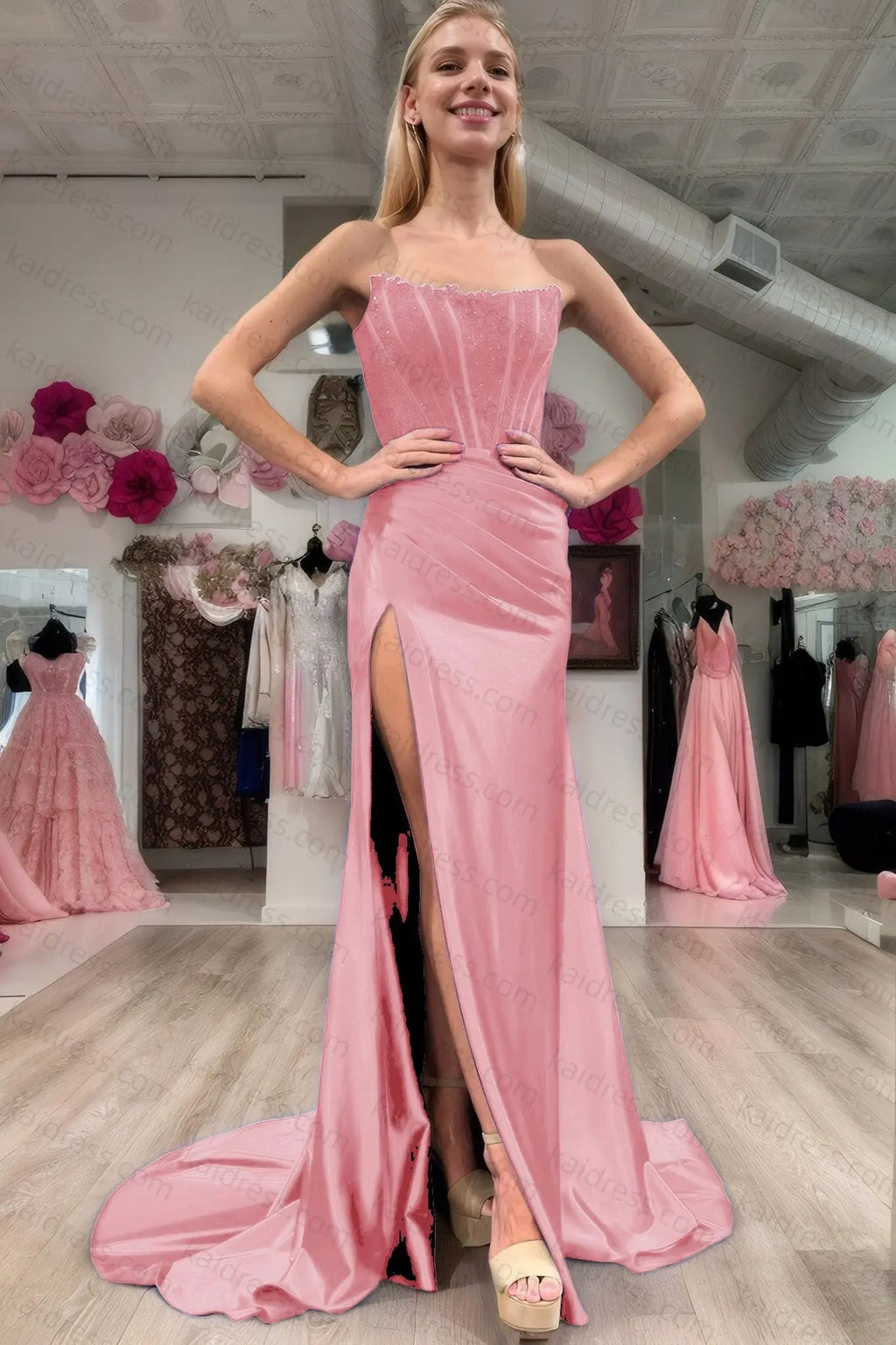 Sheath/Column Elastic Woven Satin Ruched Off-the-Shoulder Sleeveless Sweep/Brush Train Prom Dresses