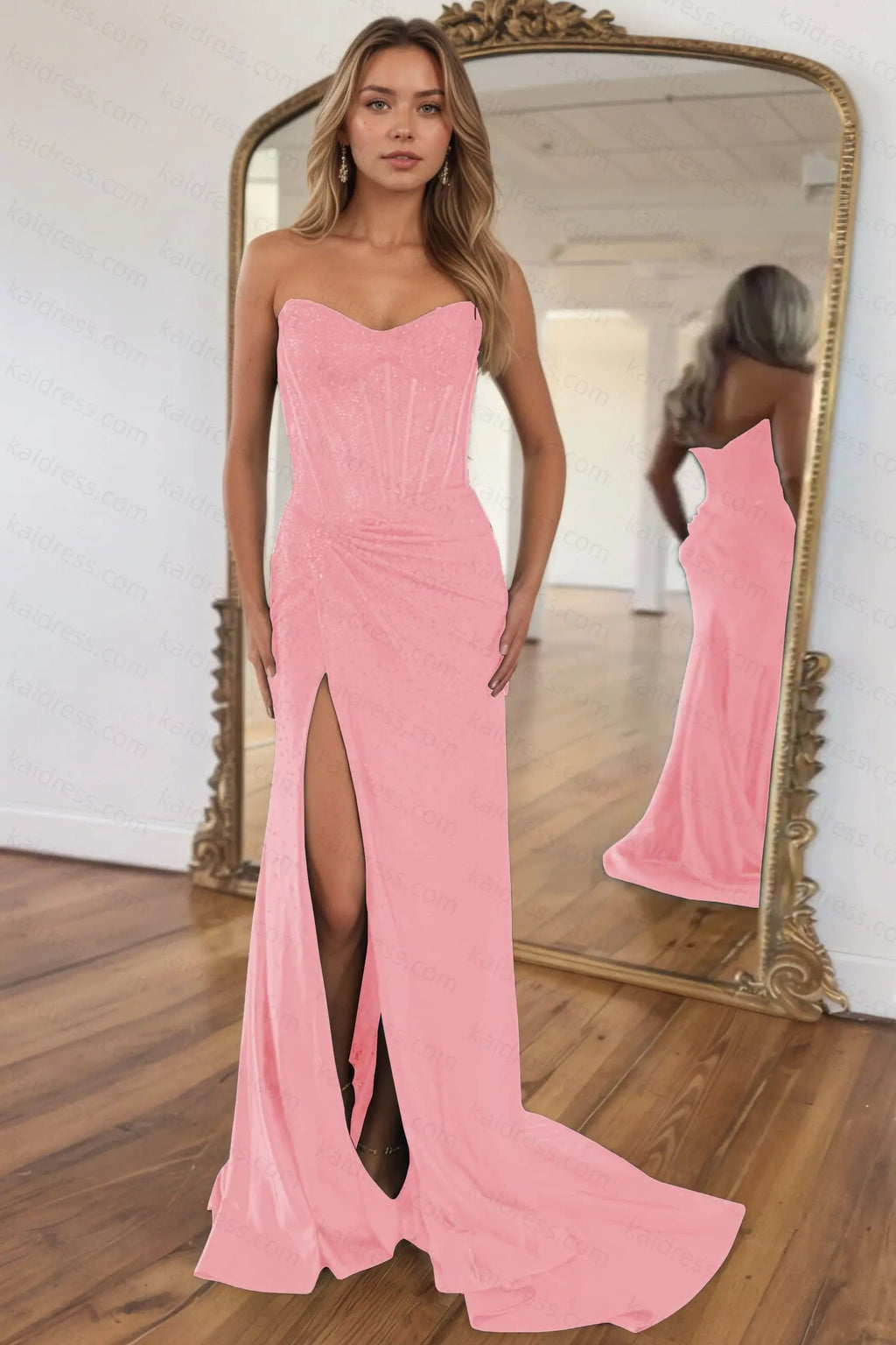 Mermaid Sparkly Golden Sweetheart Beaded Long Corset Prom Dress with Slit