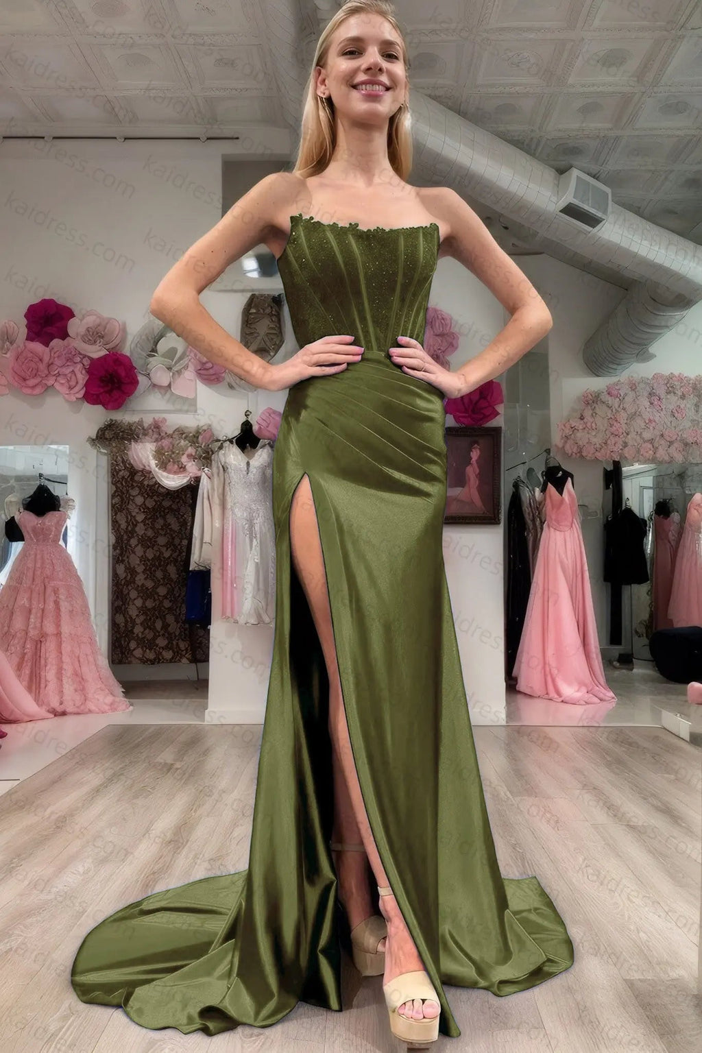 Sheath/Column Elastic Woven Satin Ruched Off-the-Shoulder Sleeveless Sweep/Brush Train Prom Dresses