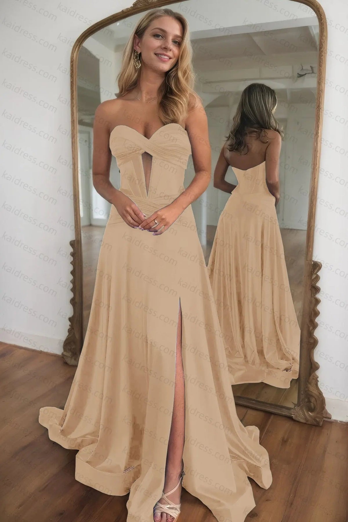 A-line Strapless Silk Long Blue Prom Dresses Elegant Evening Dress