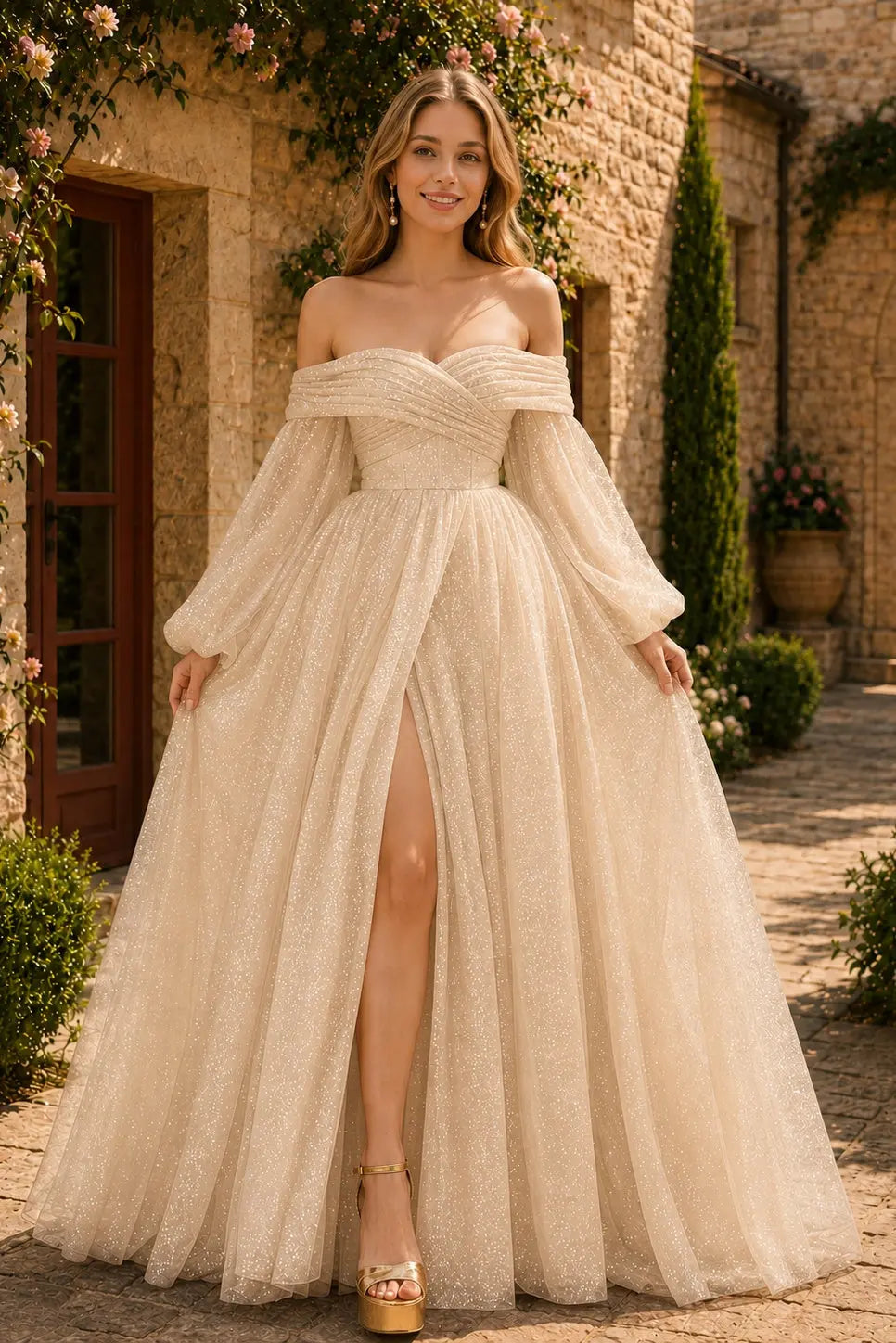 A-Line/Princess Tulle Ruched Long  Off-the-Shoulder Long Sleeves Prom Dresses Detachable Sleeves