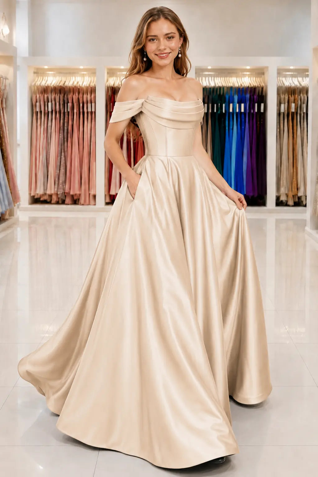 A-Line Satin Long Prom Dress. Simple Off the Shoulder Evening Party Dress With Pockets