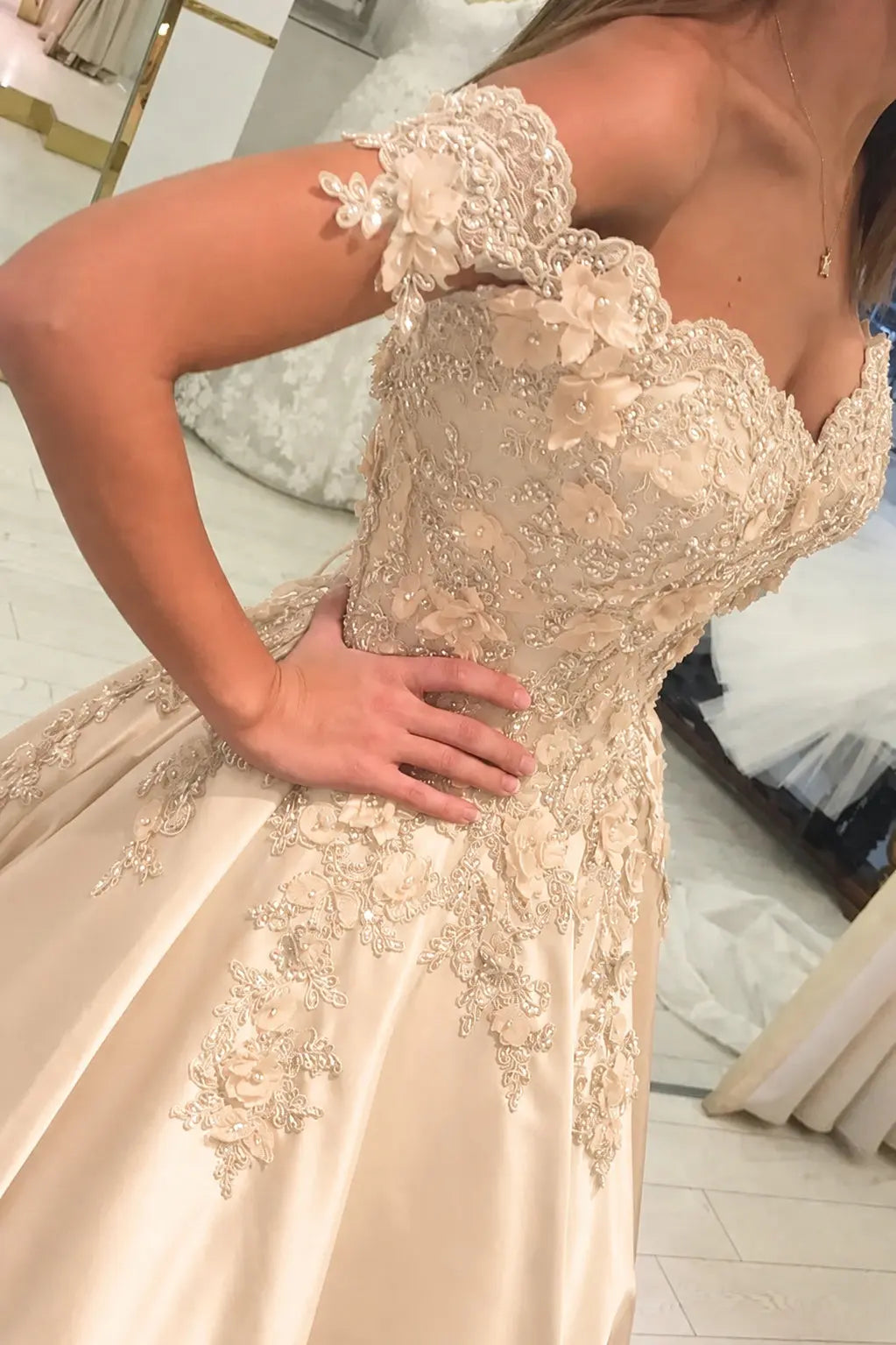 Appliquéd Off-the-Shoulder Satin Princess Prom Dress with Beads