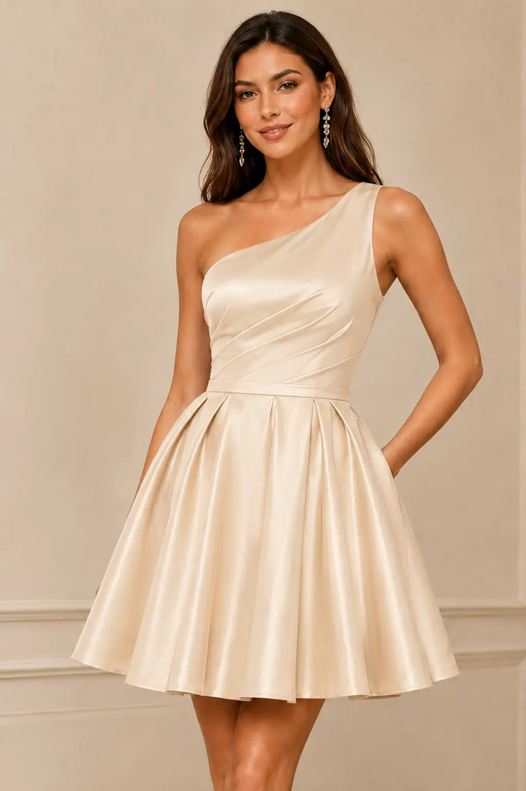 Green One Shoulder Satin Mini A Line Homecoming Dress With Pockets