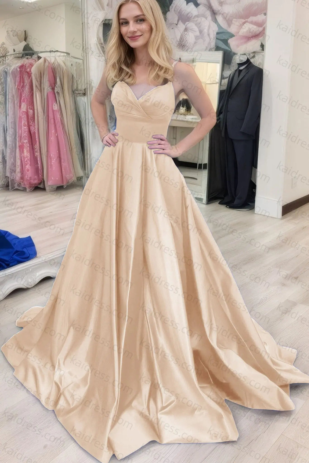 A-line V Neck Sleeveless Court Train Satin Prom Dresses With Bowknot Pleated Waistband