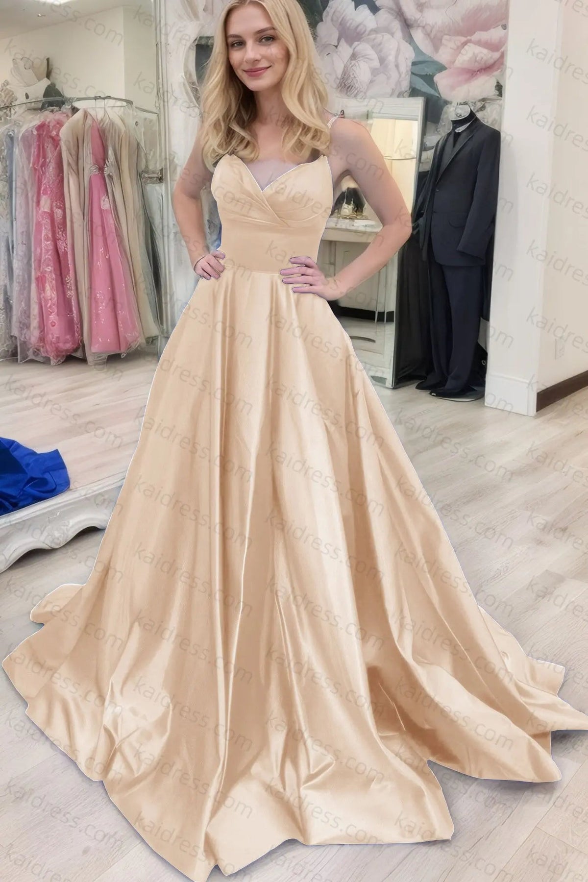 A-line V Neck Sleeveless Court Train Satin Prom Dresses With Bowknot Pleated Waistband