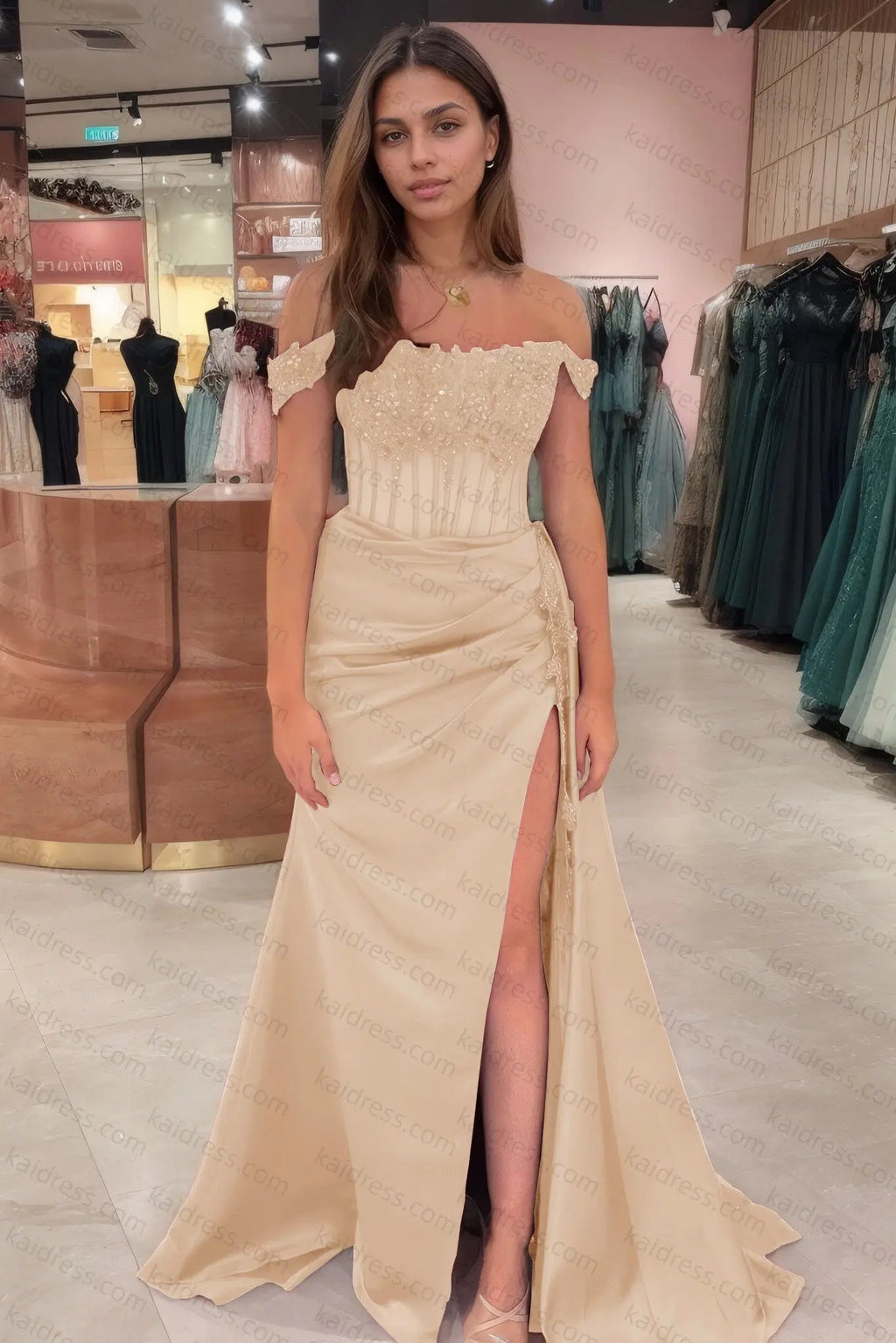 Sheath/Column Off the Shoulder Satin Beaded Prom Dress Burgundy With Appliques Prom Gown