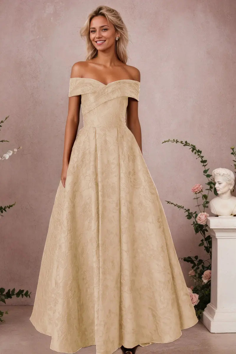 A-Line Off Shoulder Satin Burgundy Long Prom Dress Floral Jacquard Formal Ball Gowns