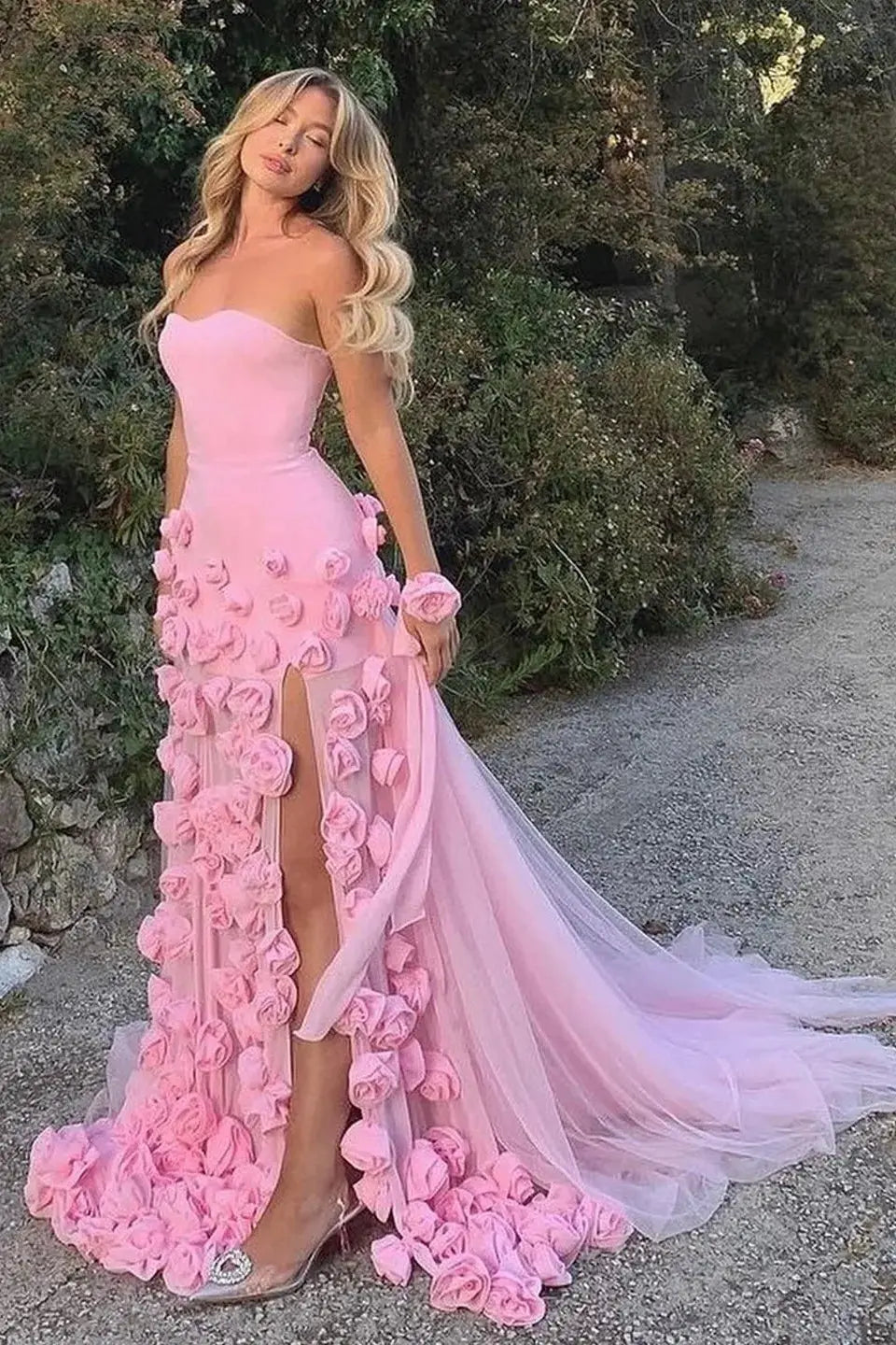 Chic Pink 3D Flowers Strapless Long Mermaid Prom Dress Side Slit