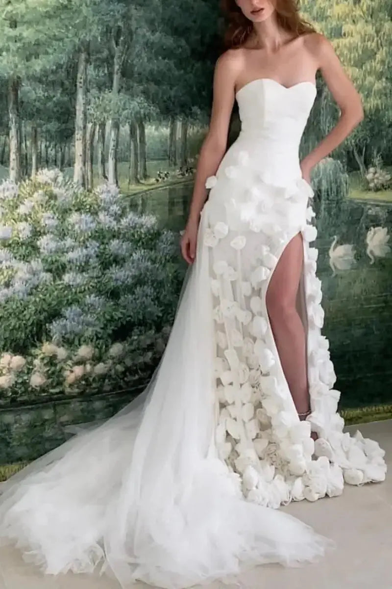 Chic Pink 3D Flowers Strapless Long Mermaid Prom Dress Side Slit