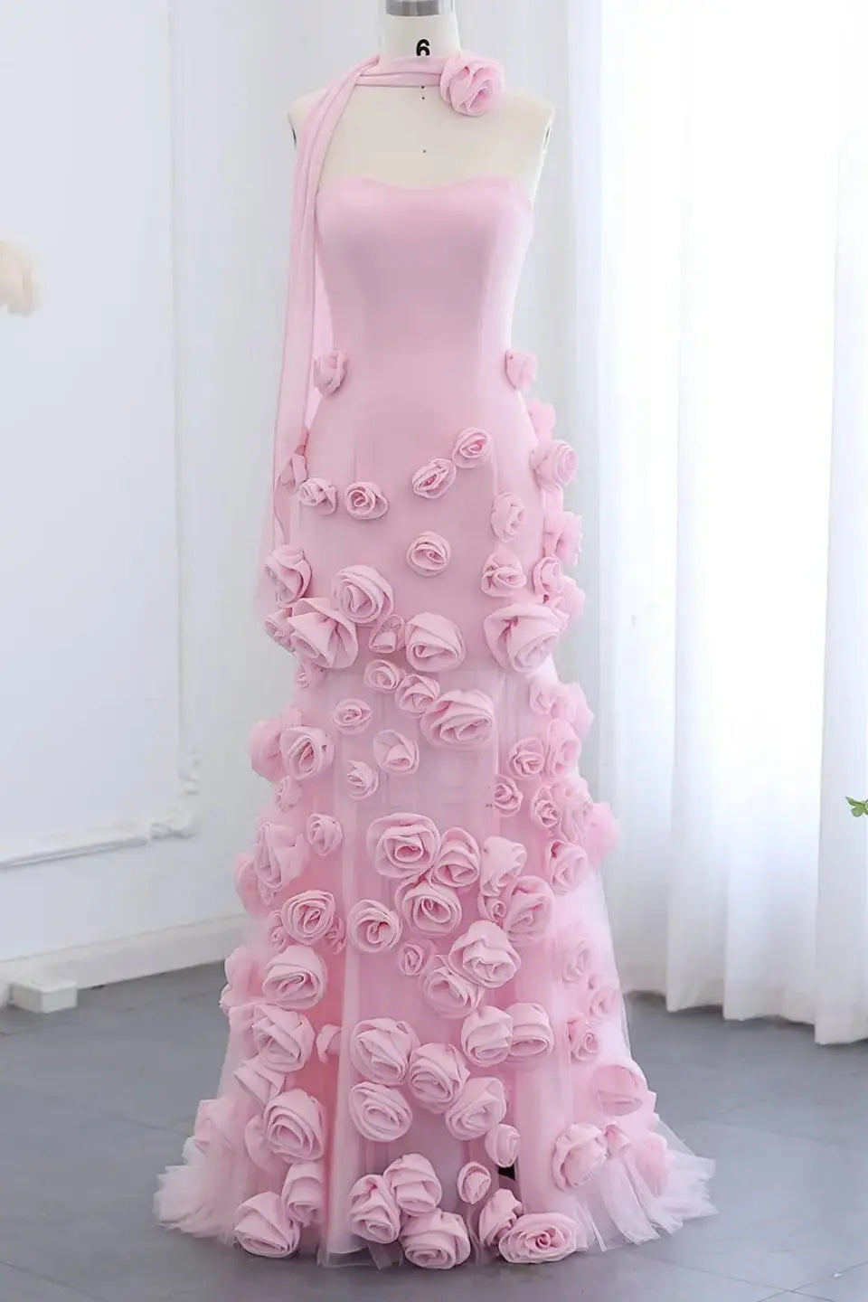 Chic Pink 3D Flowers Strapless Long Mermaid Prom Dress Side Slit