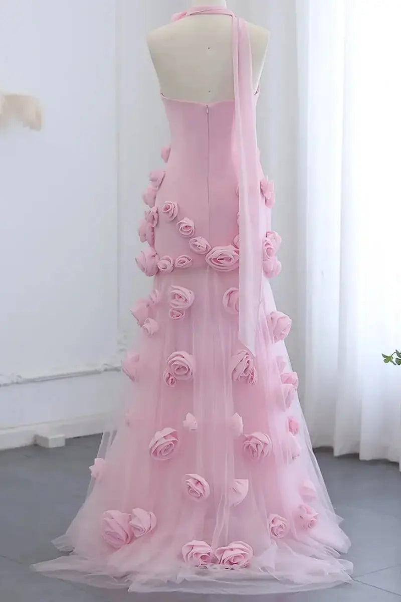 Chic Pink 3D Flowers Strapless Long Mermaid Prom Dress Side Slit