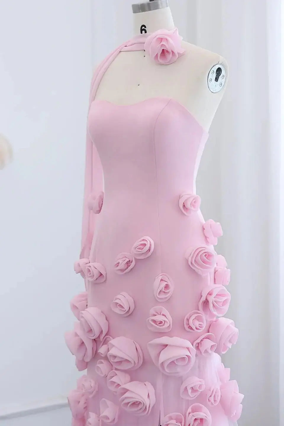 Chic Pink 3D Flowers Strapless Long Mermaid Prom Dress Side Slit