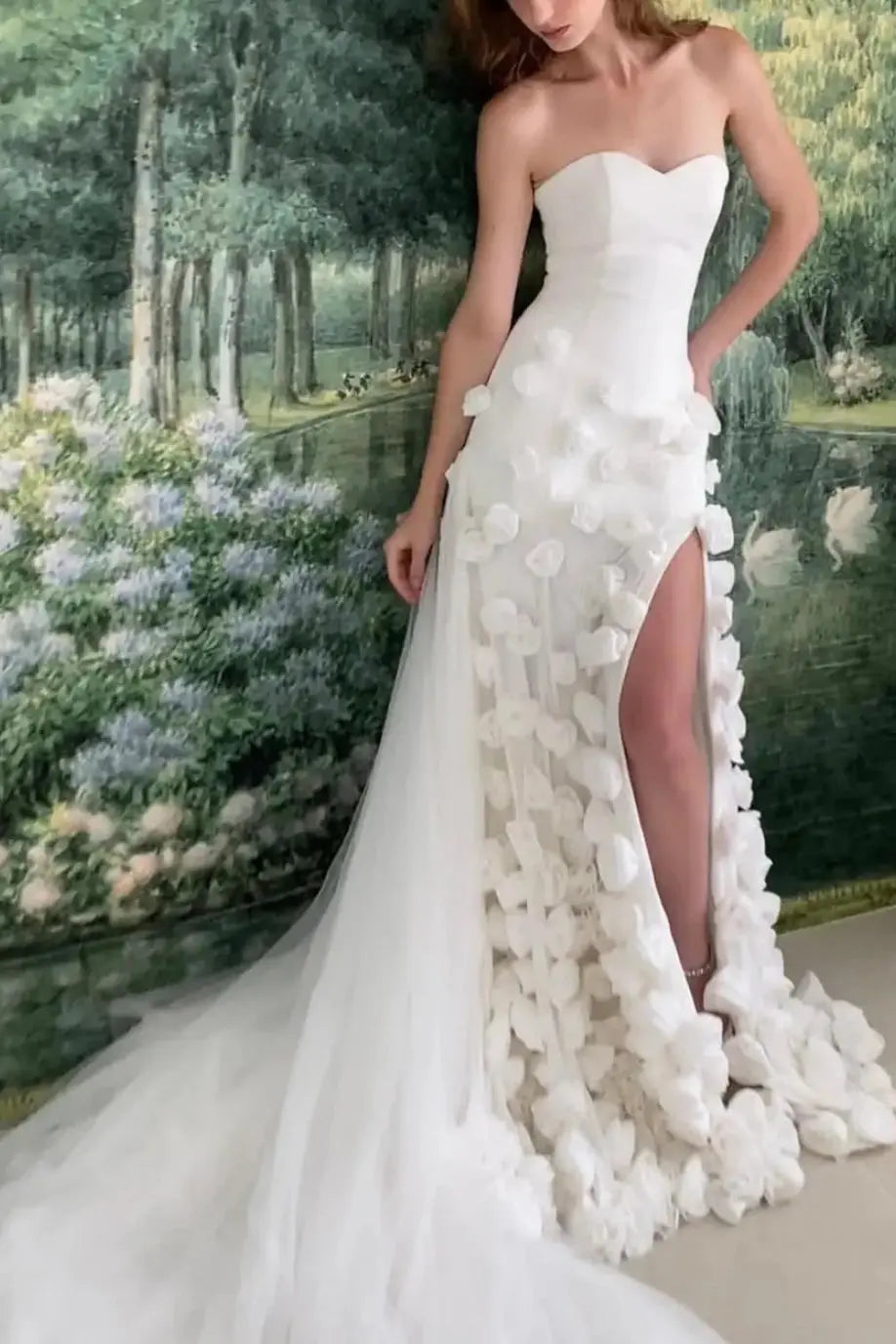 Chic Pink 3D Flowers Strapless Long Mermaid Prom Dress Side Slit