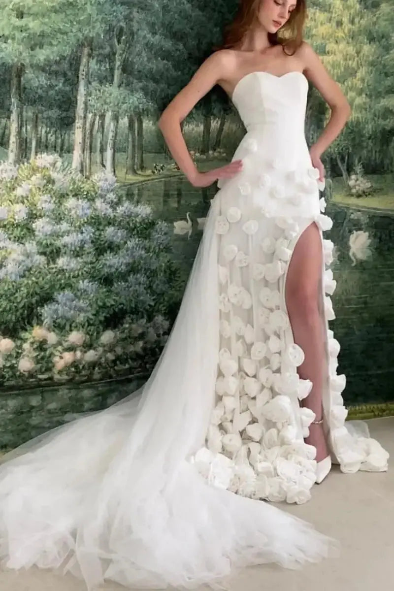 Chic Pink 3D Flowers Strapless Long Mermaid Prom Dress Side Slit
