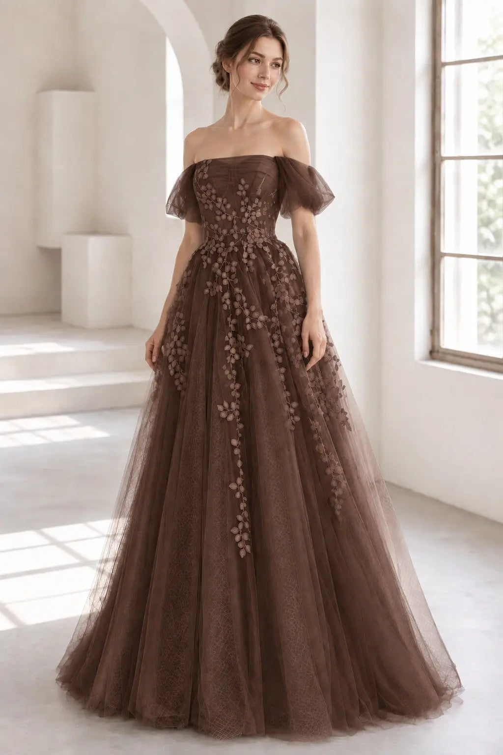A-Line Tulle Lace Long Prom Dress Off the Shoulder Formal Evening Dress