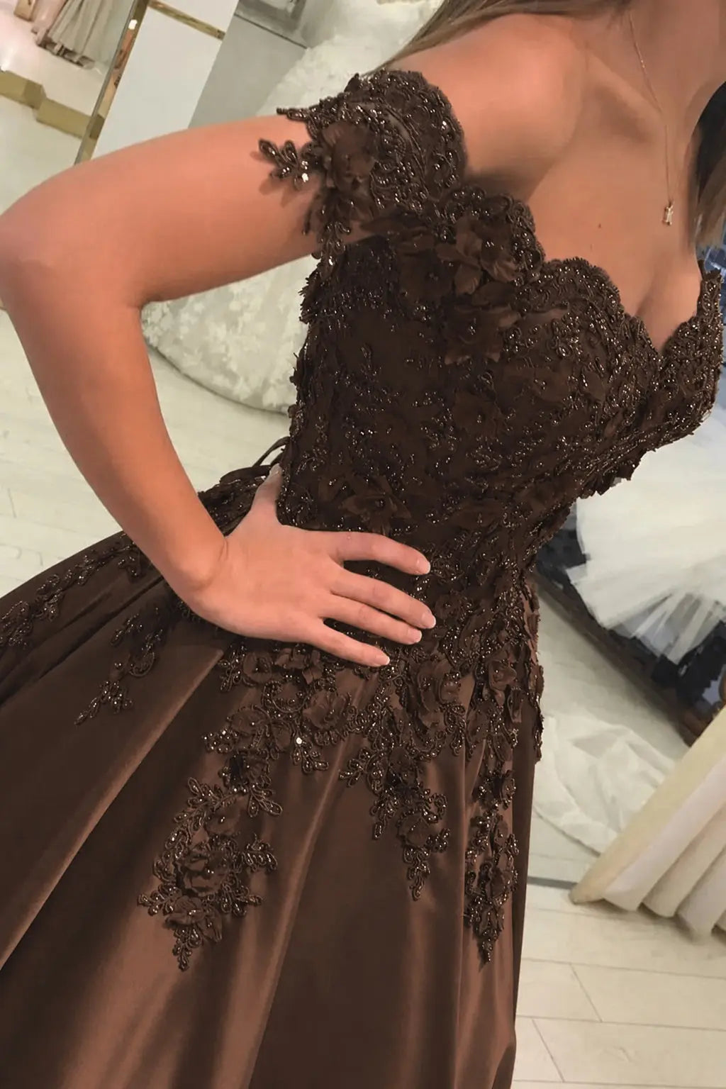 Appliquéd Off-the-Shoulder Satin Princess Prom Dress with Beads