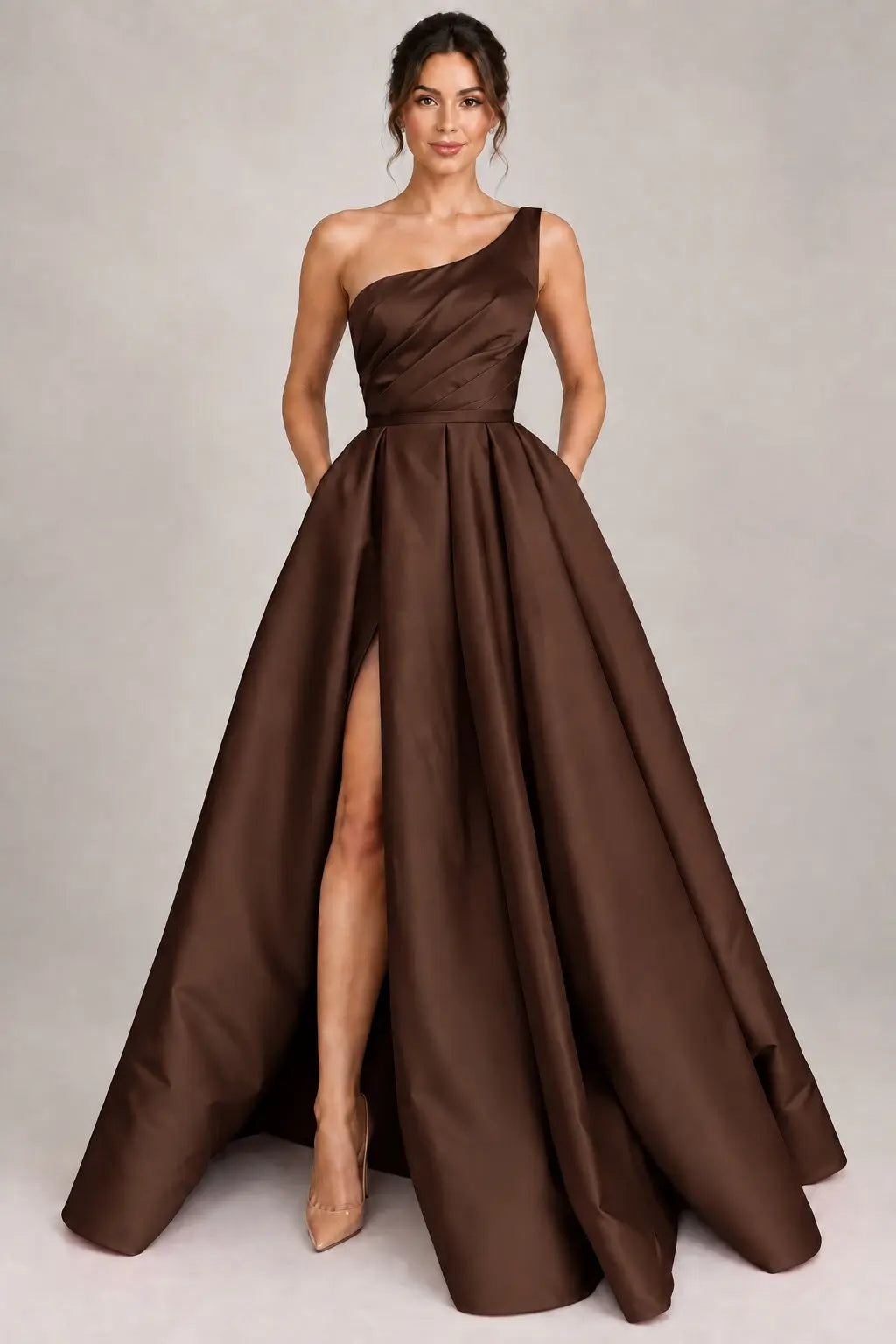A-line Sleeveless One-Shoulder Long/Floor-Length Satin Prom Dress With Split Ruffles Pockets