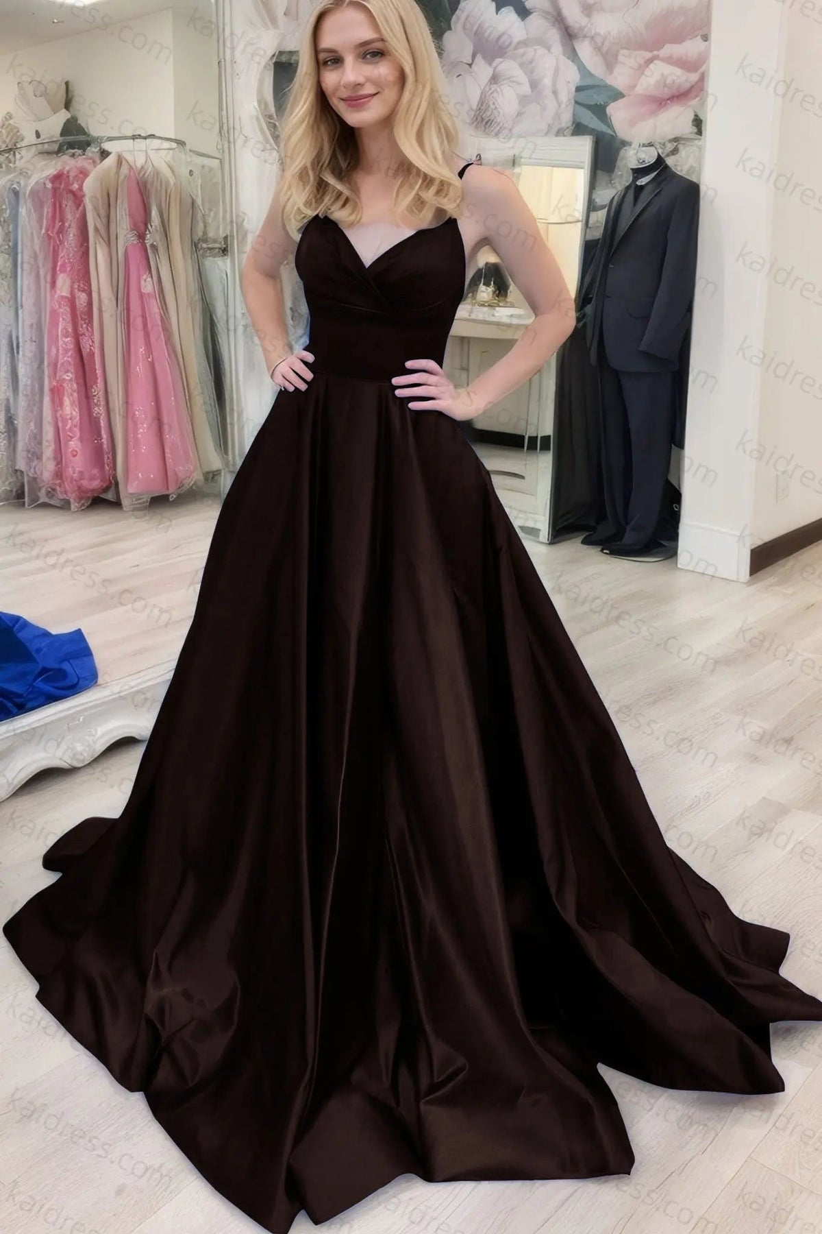 A-line V Neck Sleeveless Court Train Satin Prom Dresses With Bowknot Pleated Waistband