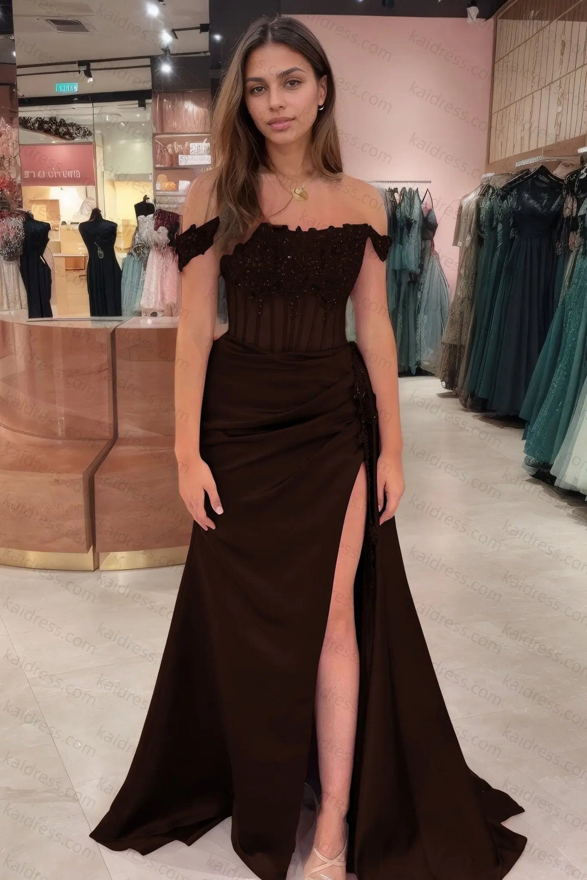Sheath/Column Off the Shoulder Satin Beaded Prom Dress Burgundy With Appliques Prom Gown