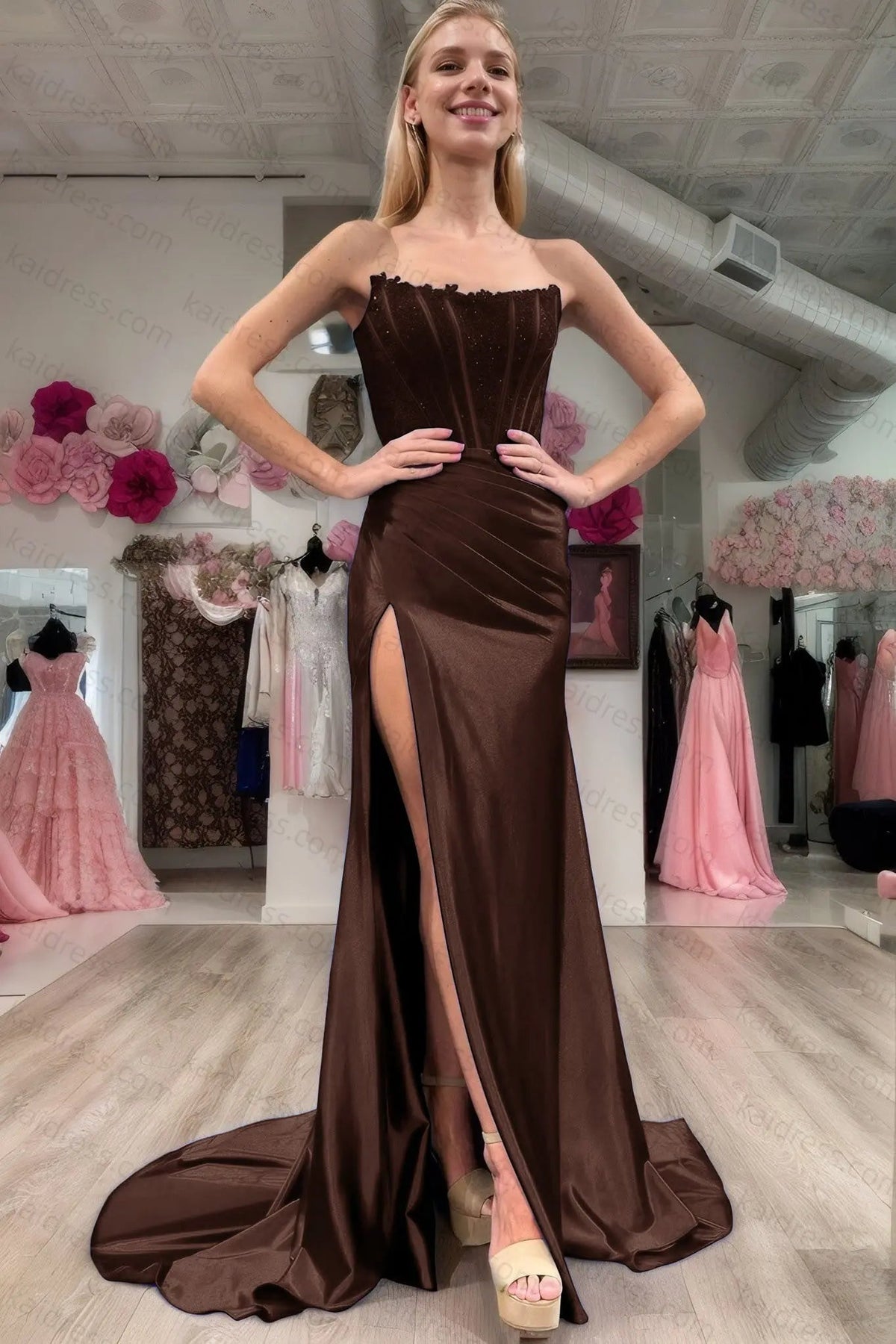 Sheath/Column Elastic Woven Satin Ruched Off-the-Shoulder Sleeveless Sweep/Brush Train Prom Dresses