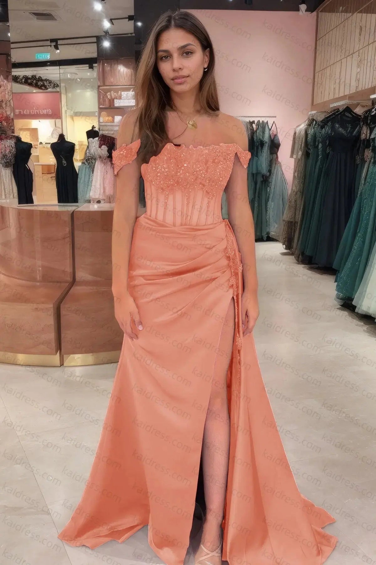 Sheath/Column Off the Shoulder Satin Beaded Prom Dress Burgundy With Appliques Prom Gown