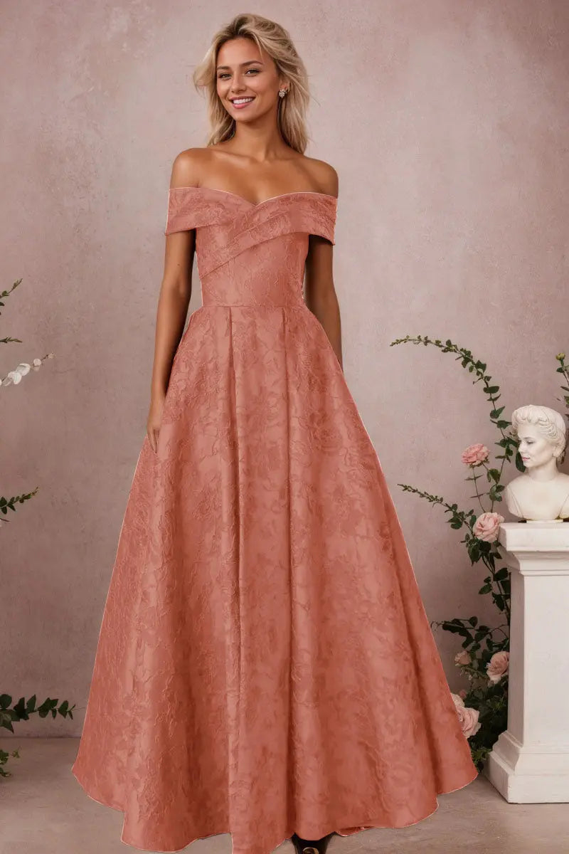 A-Line Off Shoulder Satin Burgundy Long Prom Dress Floral Jacquard Formal Ball Gowns